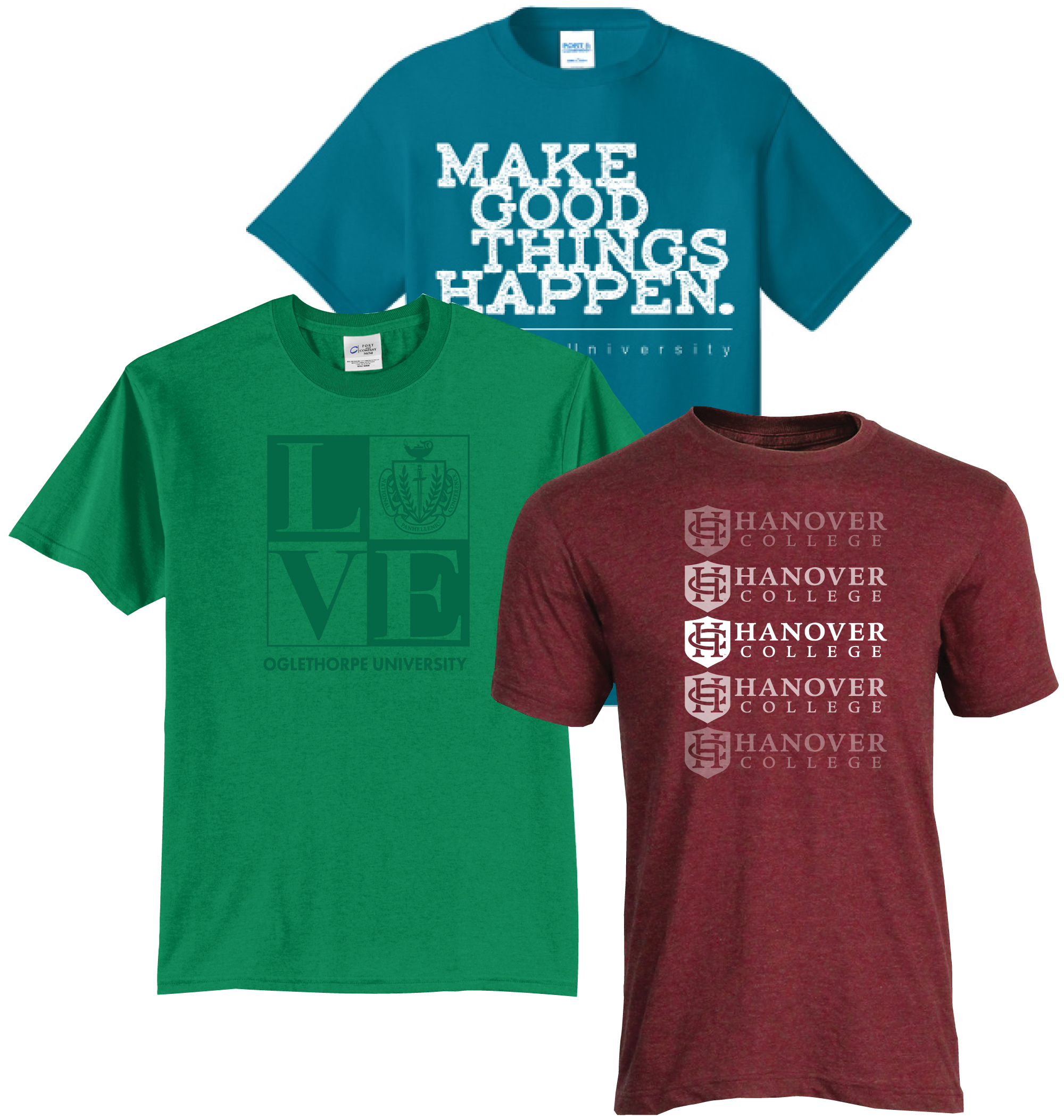 A variety of soft, lightweight shirts with college logos on the front.